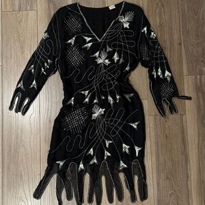 Sweet Lo Unique Vintage 60s Pure Silk Beaded Sequined Evening Midi Dress Size L